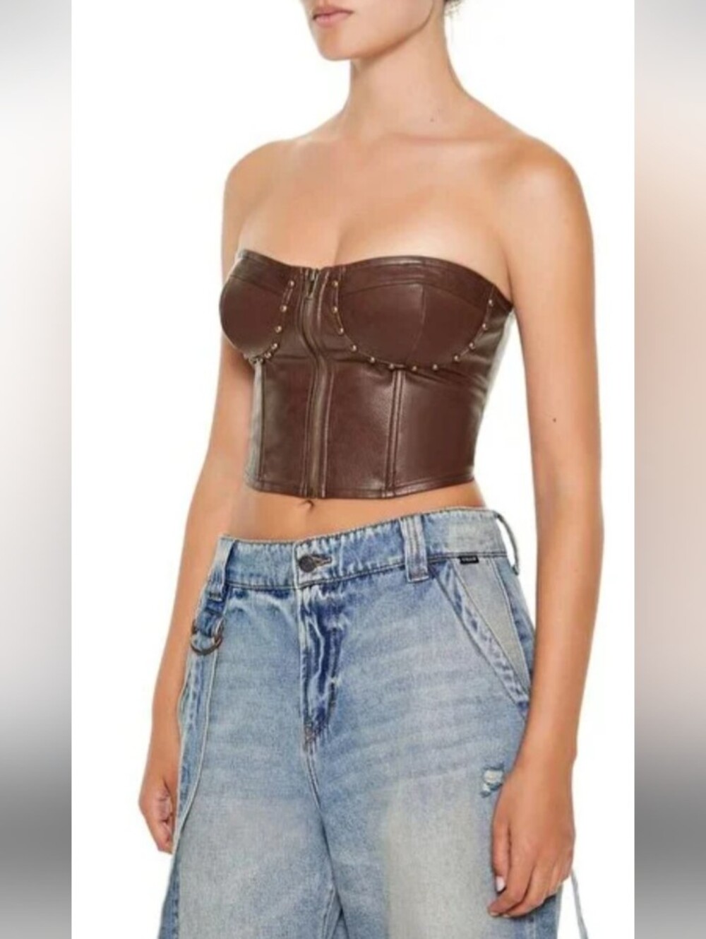 Forever 21 Faux Leather Studded Brown Lace Up Back Crop Bustier Corset Top L